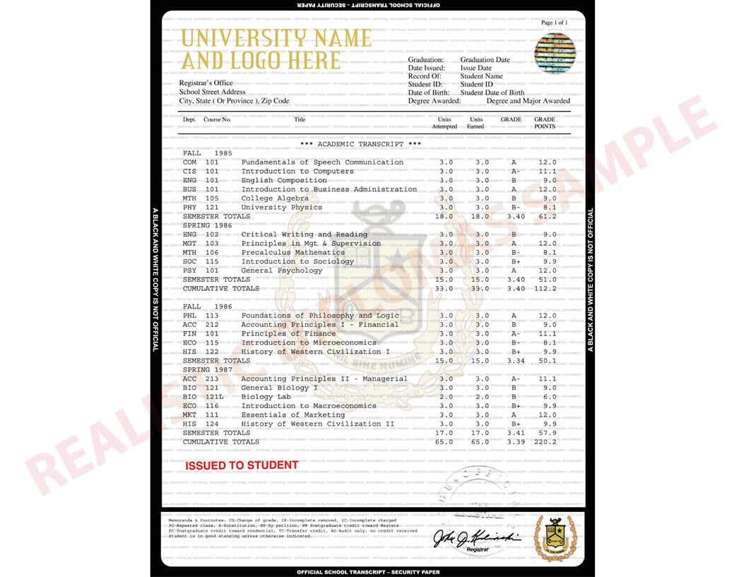 Replacement Novelty Fake College & University Transcripts ...